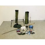 SMALL COLLECTION OF FISHING EQUIPMENT TO INCLUDE ROD WITH REEL, ROD RESTS, BAGS, HOOKS,