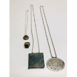 A GROUP OF EASTERN STYLE WHITE METAL JEWELLERY COMPRISING OF 3 PENDANT NECKLACES AND A RING ALL