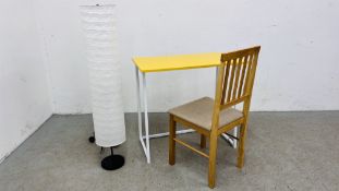 A MODERN FOLDING WORK TABLE WITH YELLOW WORK SURFACE AND A BEECHWOOD SIDE CHAIR,
