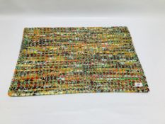 MODERN AFGHAN MAT MADE FROM TWISTED PAPER, SWEET AND OTHER WRAPPERS 71.5 X 47CM.