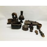 A BOX OF ASSORTED HAND CARVED MAINLY HARDWOOD ETHNIC ARTIFACTS COMPRISING OF VARIOUS VESSELS AND