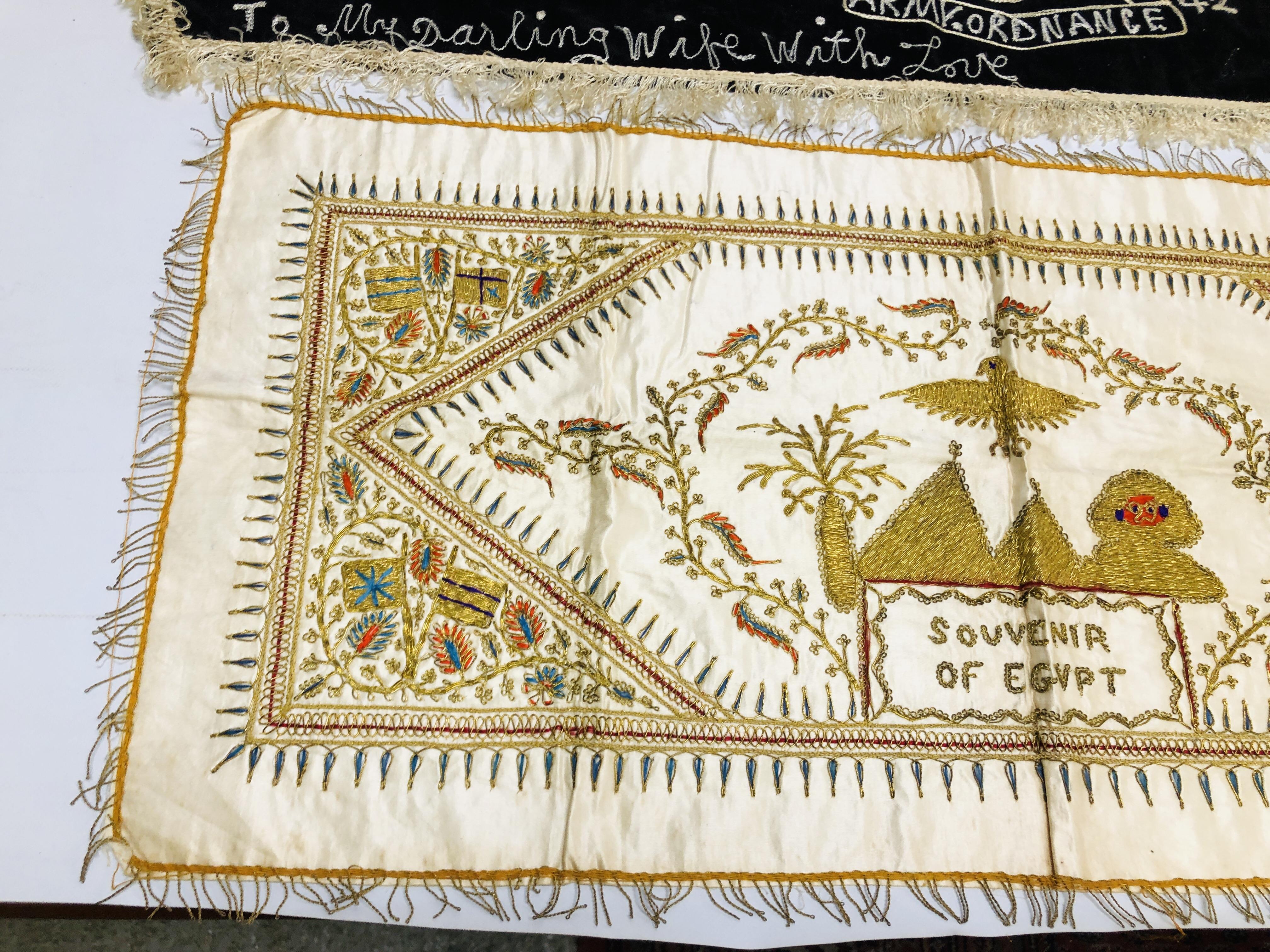 TWO SOUVENIR NEEDLEWORK PANELS, RELATING TO EGYPT, ONE INSCRIBED "ROYAL ORDNANCE...1942". - Image 6 of 9