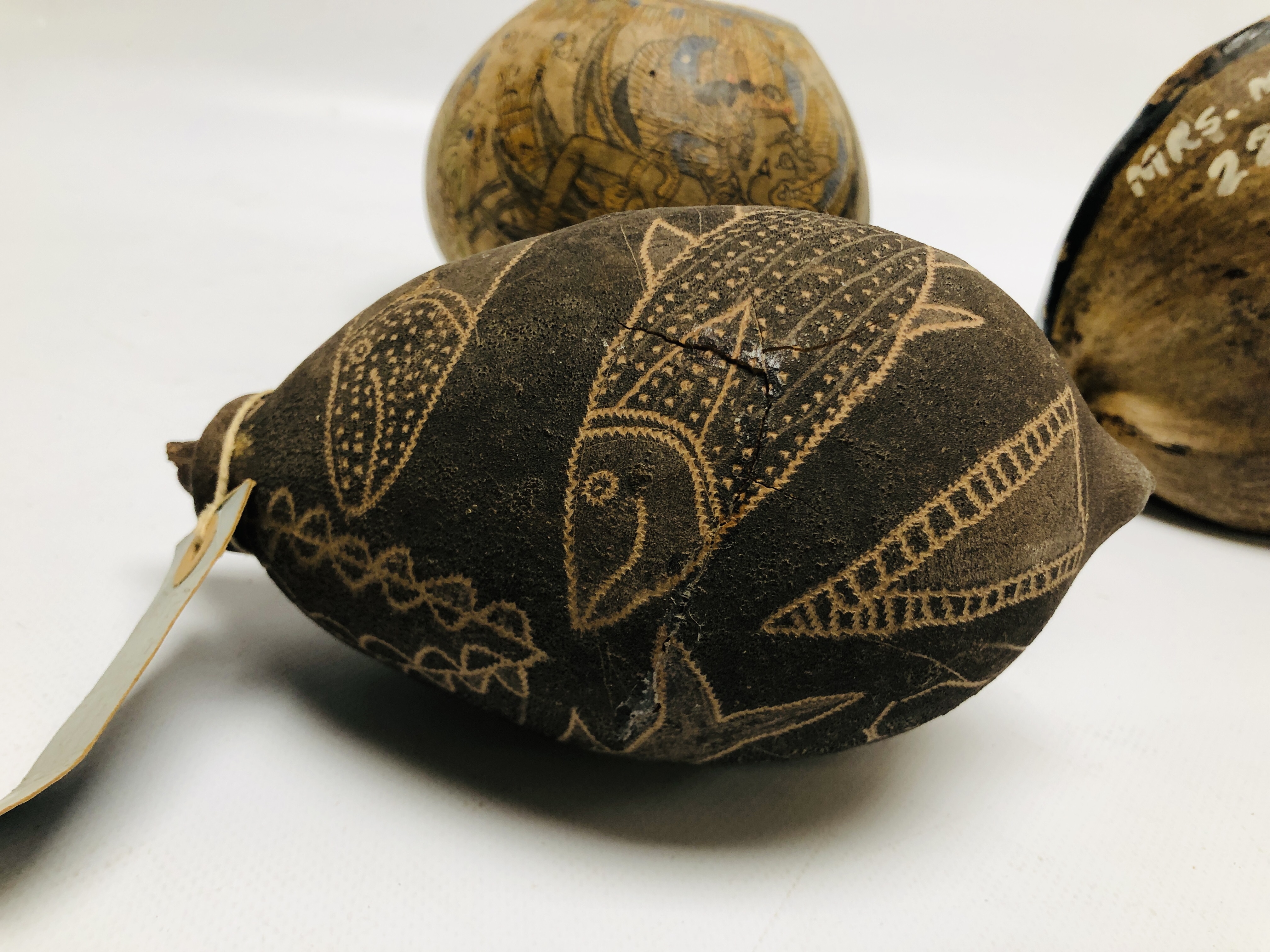 A NUT CARVED BY ABORIGINES DEPICTING SEA CREATURES A/F ALONG WITH A VESSEL MADE USING A NUT - Image 7 of 9