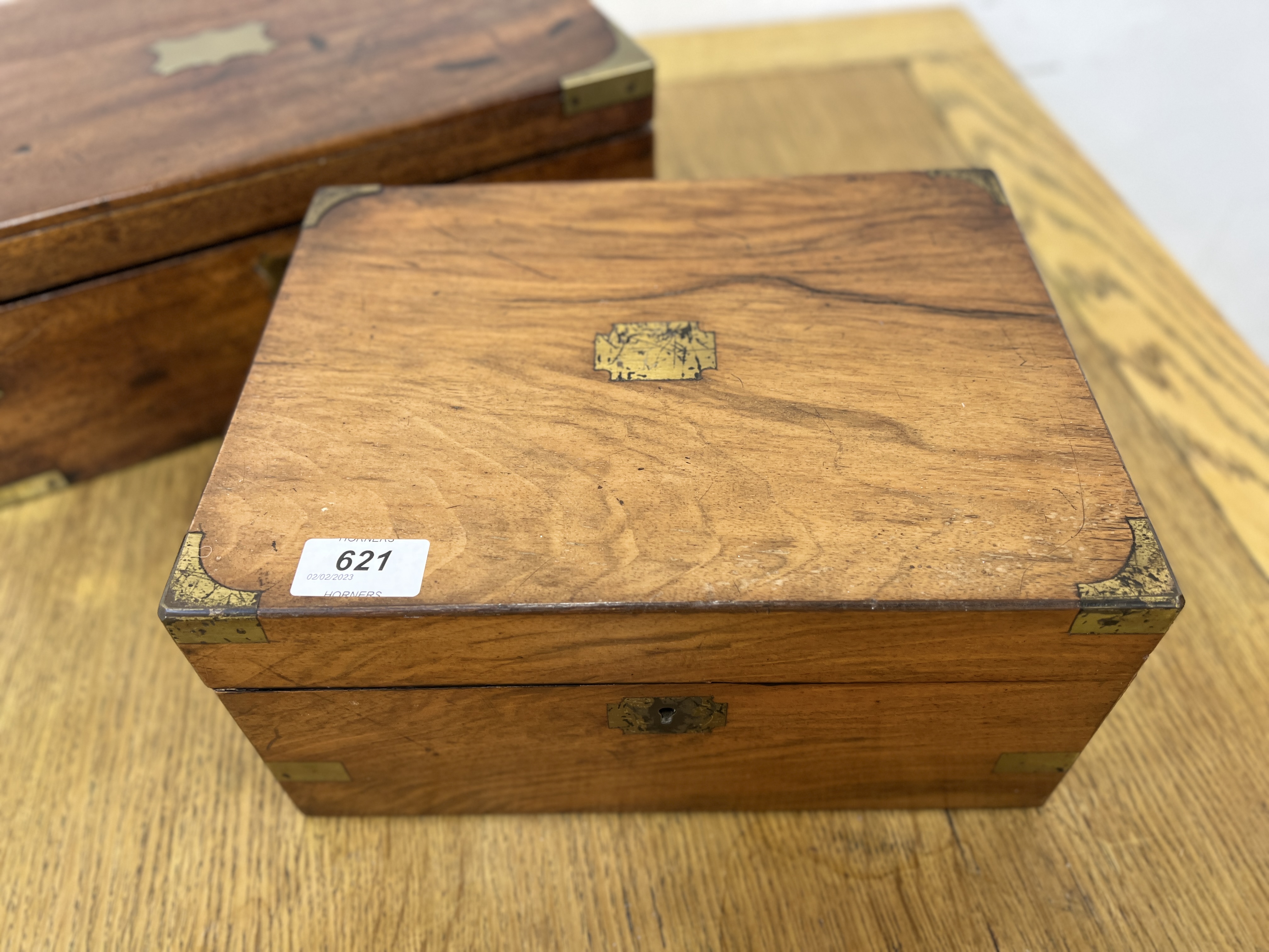 TWO ANTIQUE MAHOGANY BRASS BOUND WRITING SLOPES. - Image 2 of 18