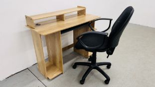 A COMPACT RUSTIC PINE EFFECT FINISH WORK STATION W 110CM X D 46CM ALONG WITH AN ADJUSTABLE HOME
