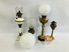 4 VARIOUS VINTAGE OIL LAMPS (VARYING STATES) INCLUDING BRASS, COLUMNED,