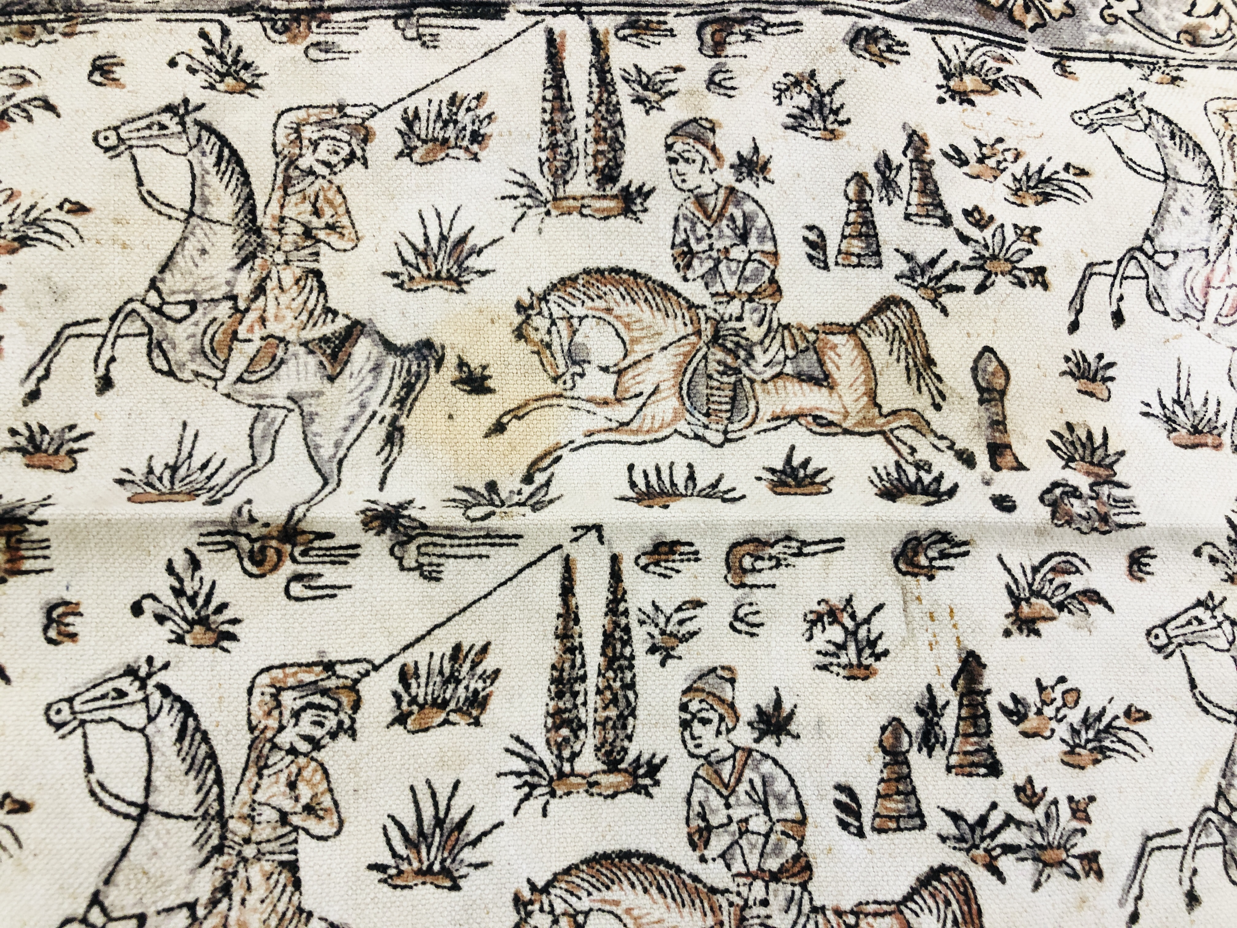 A GROUP OF SIX INDIAN NEEDLEWORK WALL HANGING PANELS, TO INCLUDE HUNTING SCENE EXAMPLES. - Image 3 of 12