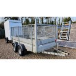A PAGE TRAILERS TWIN AXLE GALVANISED CAR TRAILER WITH CAGE TOP, 8FT 7INCH X 4FT 7 INCH.