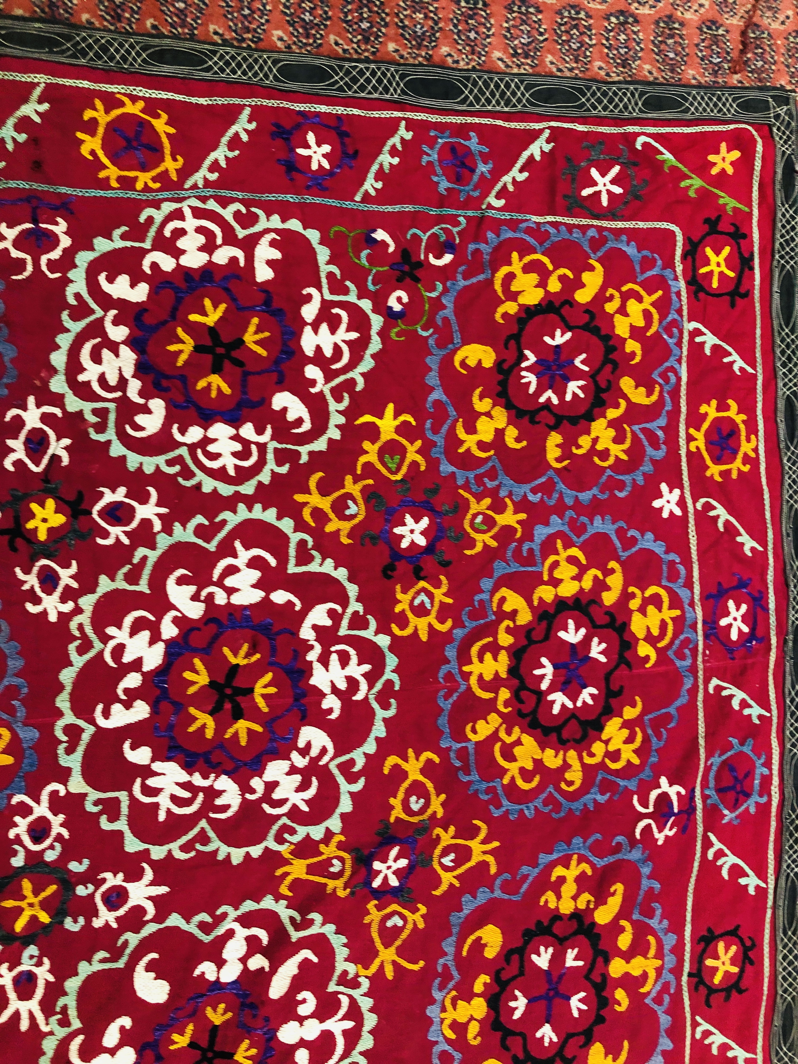 A SUZANI EMBROIDERED ON A PLUM FIELD, 180CM X 171CM. - Image 5 of 8