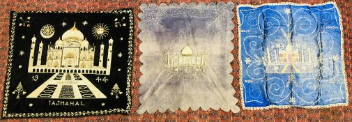 THREE VINTAGE TAJ MAHAL NEEDLEWORK PANELS, TWO BEARING DATES 1943, 1944, LARGEST 83CM X 80CM.