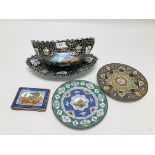 A GROUP OF FIVE INDIAN ENAMELLED PIECES AN OVAL BOWL, AN OVAL DISH,