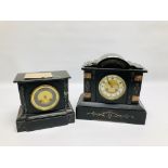 TWO VINTAGE SLATE MANTEL CLOCKS WITH INSET MARBLE DETAIL.