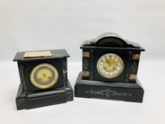 TWO VINTAGE SLATE MANTEL CLOCKS WITH INSET MARBLE DETAIL.