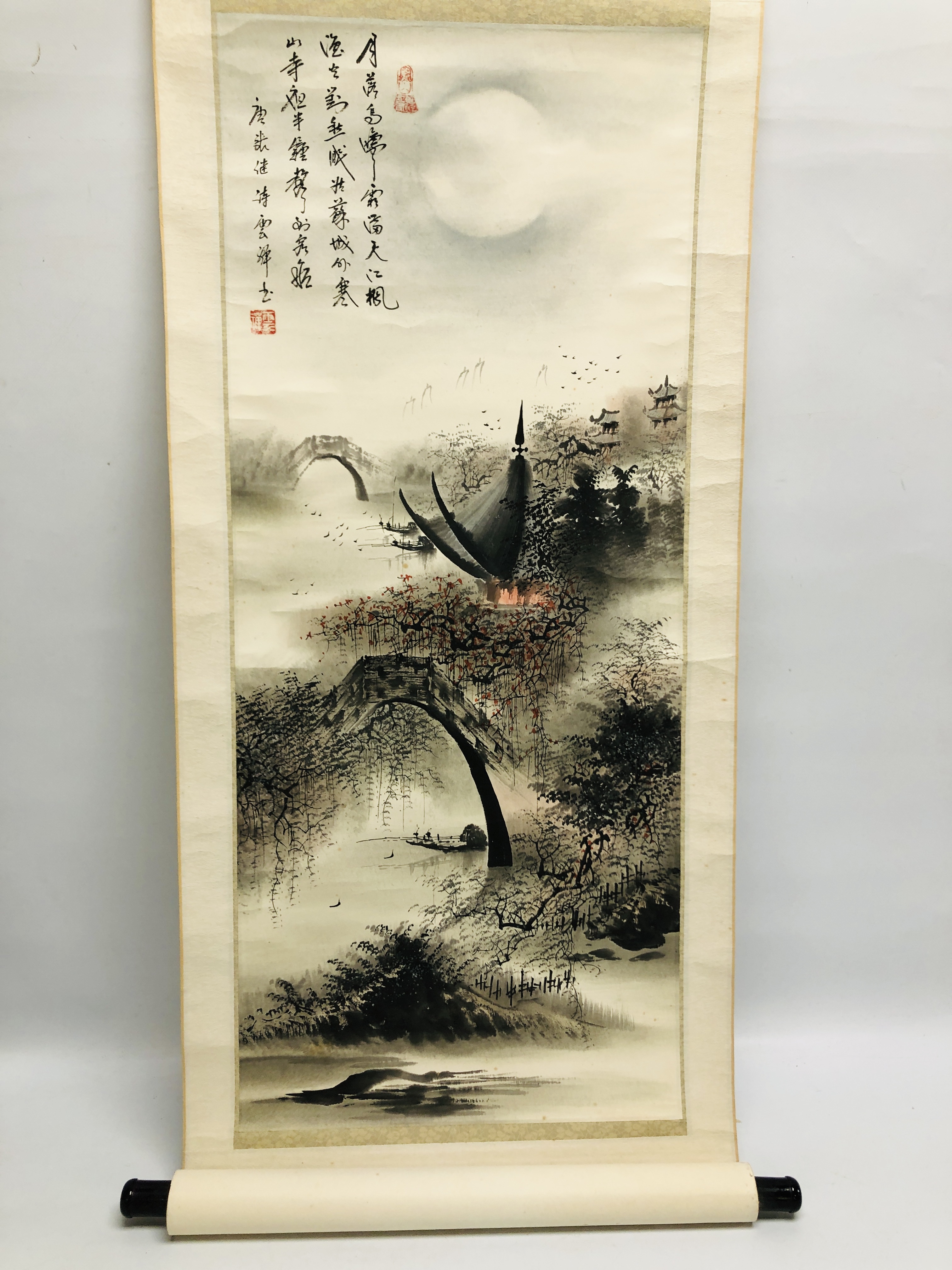 A JAPANESE SCROLL WATERCOLOUR OF BOATS, BRIDGES AND A PAGODA BEARING INSCRIPTION HEIGHT 158CM.