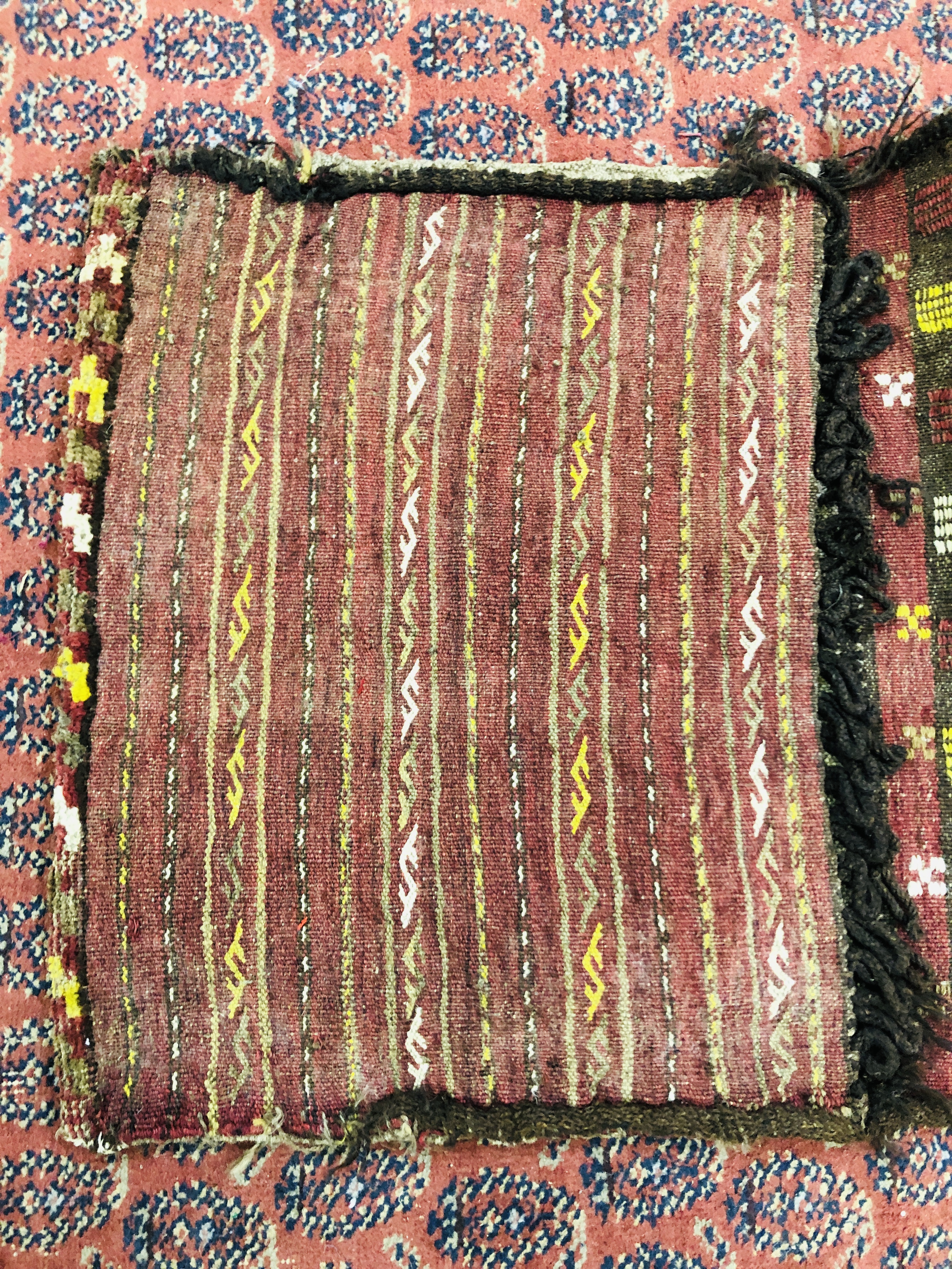 A DOUBLE SADDLE BAG WOVEN WITH COLUMNS INCLUDING STYLIZED "S" DESIGNS, PROBABLY BELOUCH WIDTH 111CM. - Image 2 of 8