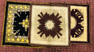 A GROUP OF 3 INDIAN STYLE SQUARE EMBROIDERED PANELS WOVEN WITH GILT THREAD,