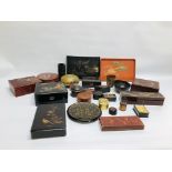 AN EXTENSIVE COLLECTION OF ASSORTED ORIENTAL LACQUERED BOXES AND TRAYS.