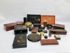 AN EXTENSIVE COLLECTION OF ASSORTED ORIENTAL LACQUERED BOXES AND TRAYS.