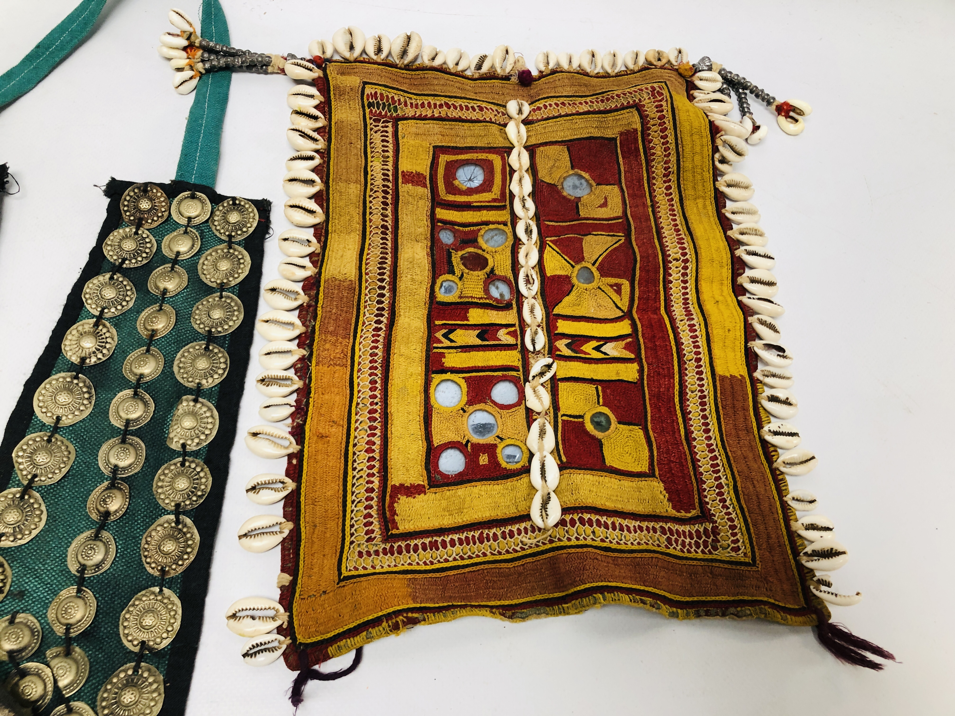 A GROUP OF FIVE VARIOUS AFGHAN TEXTILE PIECES APPLIED WITH COWRIE SHELLS AND OTHER DECORATION - Image 10 of 10