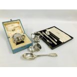 A COLLECTION OF SILVER ITEMS TO INCLUDE A SILVER TABLE SPOON INSCRIBED T.L.