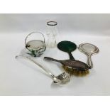 A COLLECTION OF SILVER AND DRESSING TABLE ITEMS TO INCLUDE BRASS AND GREEN ENAMELLED BACK HAND