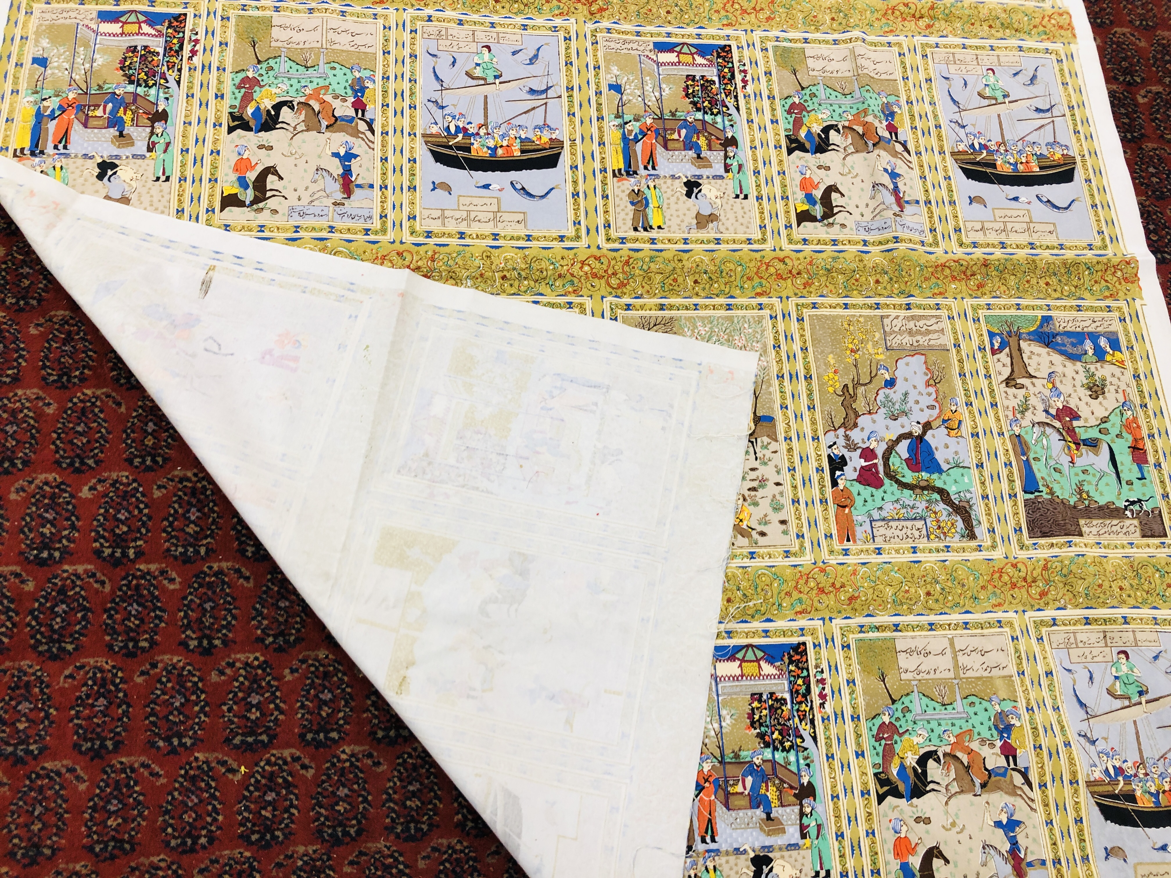 AN INDIAN PRINTED SILK TEXTILE IN THE MUGHAL STYLE WITH 48 SMALL PANELS DEPICTING VARIOUS EVERYDAY - Image 7 of 7