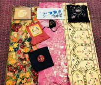BOX OF ASSORTED TEXTILES TO INCLUDE TWO SILK COVERS,