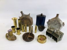 A GROUP OF MILITARY COLLECTIBLES TO INCLUDE TRENCH ART, SHELL CASES,