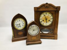 TWO VINTAGE EDWARDIAN INLAID ARCH TOP MANTEL CLOCKS, ONE MARKED ENFIELD,