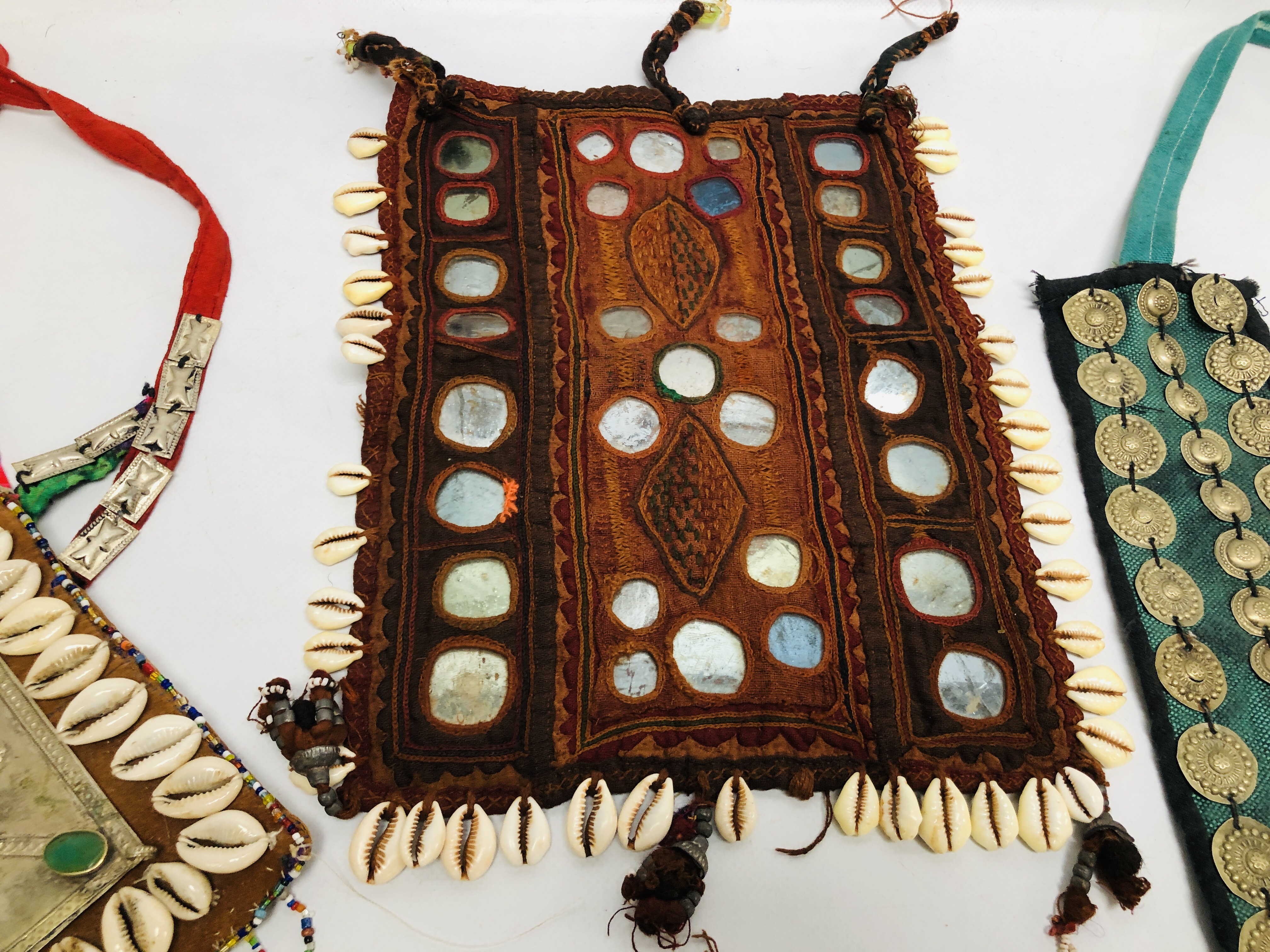 A GROUP OF FIVE VARIOUS AFGHAN TEXTILE PIECES APPLIED WITH COWRIE SHELLS AND OTHER DECORATION - Image 6 of 10