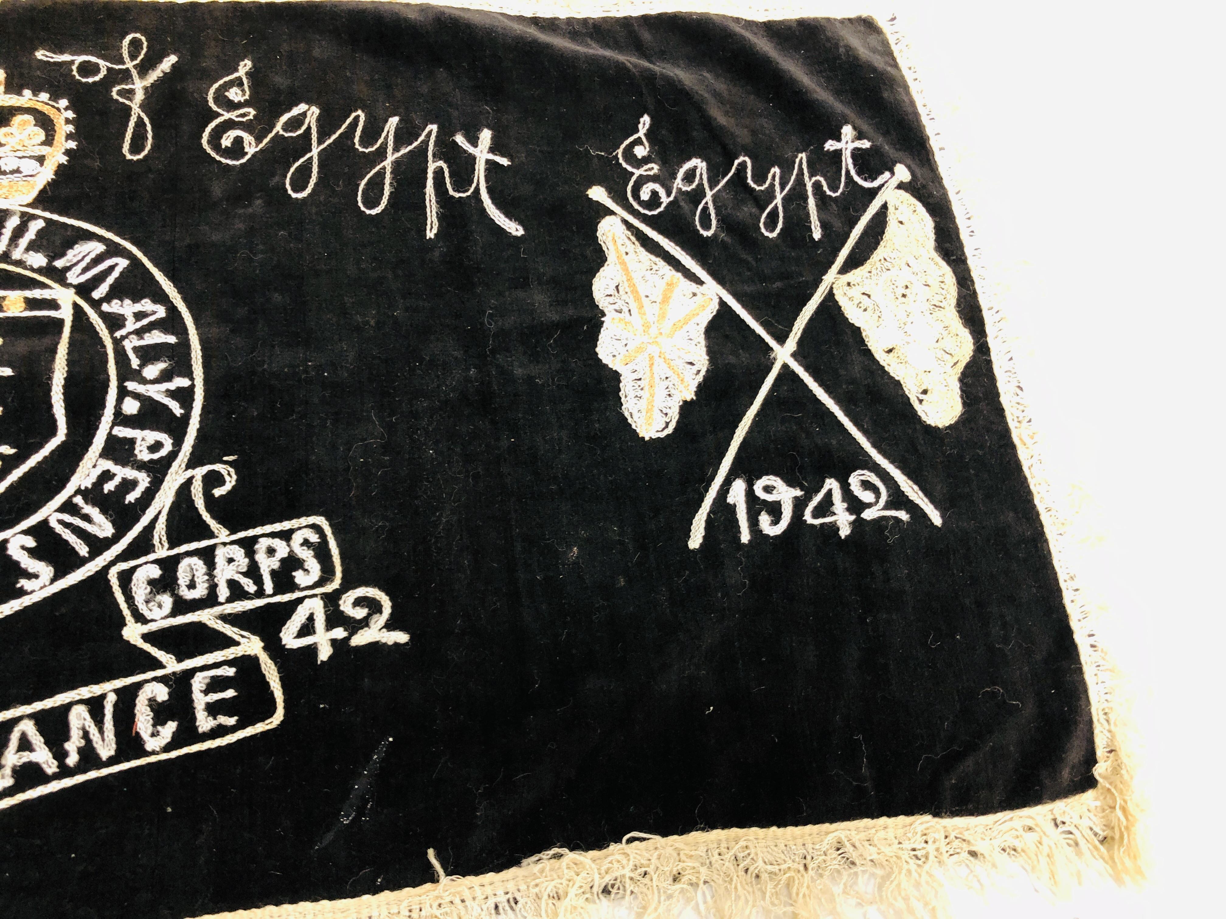 TWO SOUVENIR NEEDLEWORK PANELS, RELATING TO EGYPT, ONE INSCRIBED "ROYAL ORDNANCE...1942". - Image 5 of 9