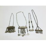 A GROUP OF 4 EASTERN STYLE WHITE METAL NECKLACES.