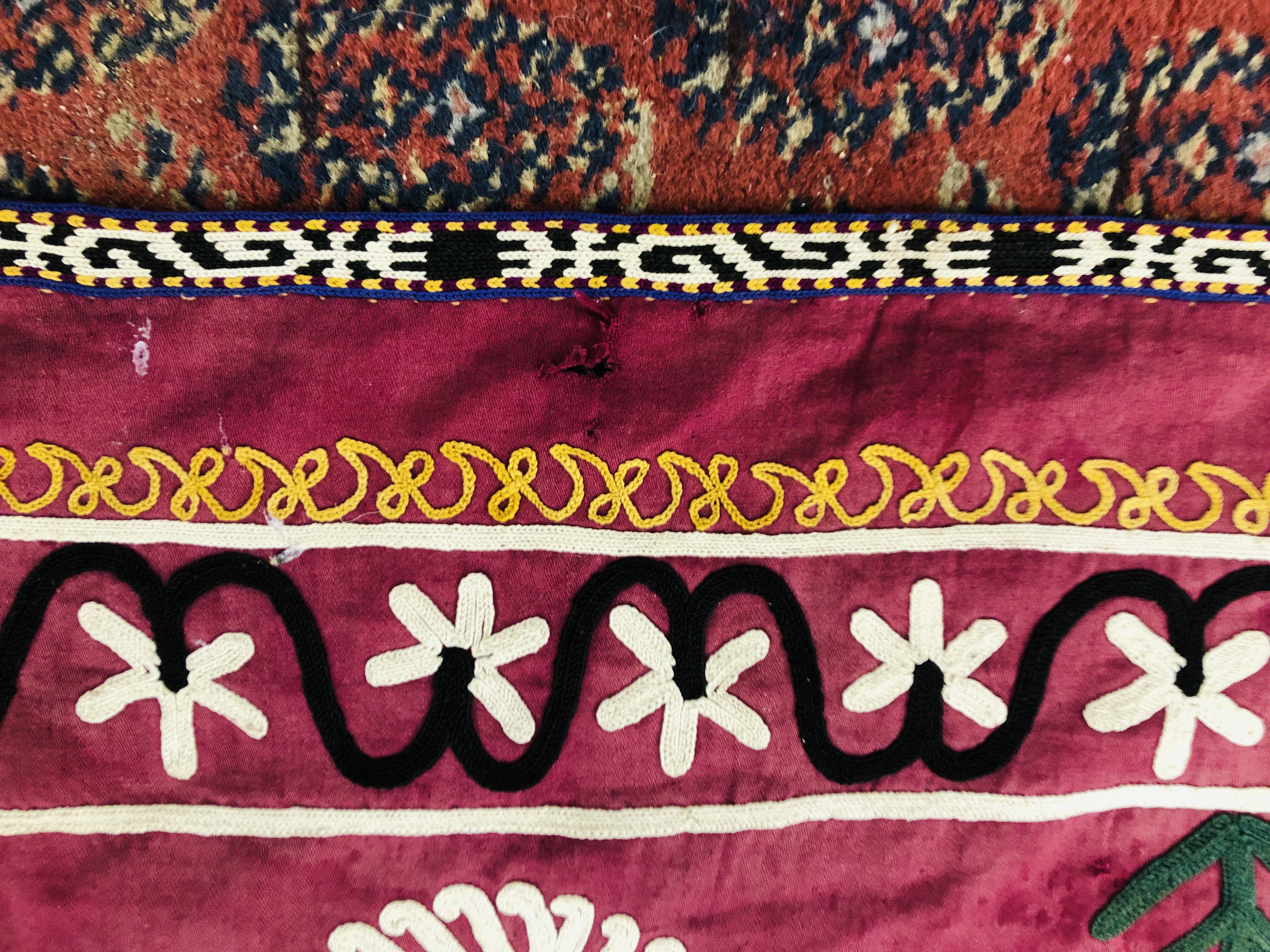 A SUZANI THE CHAIN STITCH EMBROIDERY ON PLUM SILK C19TH, L 242CM X W 166CM. - Image 10 of 12