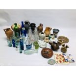 TWO BOXES OF VINTAGE COLLECTABLE SUNDRIES TO INCLUDE GLASS ADVERTISING MILK BOTTLES,