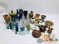 TWO BOXES OF VINTAGE COLLECTABLE SUNDRIES TO INCLUDE GLASS ADVERTISING MILK BOTTLES,