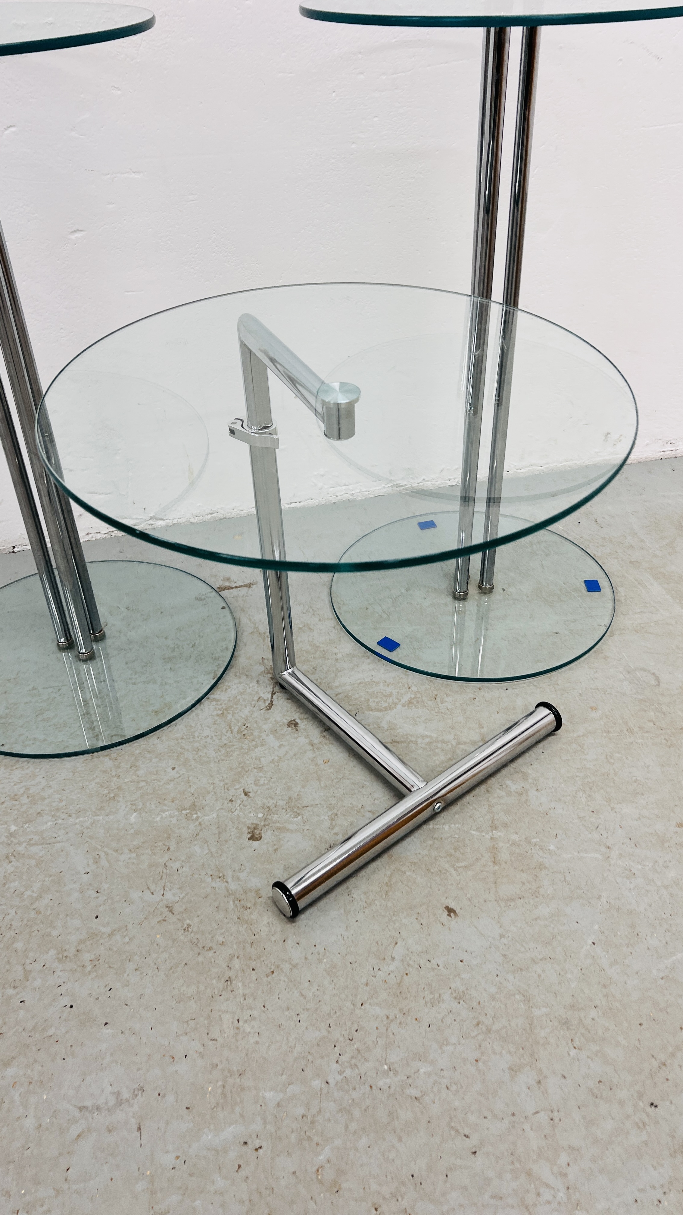 3 X DESIGNER GLASS AND CHROME OCCASIONAL TABLE. - Image 2 of 6