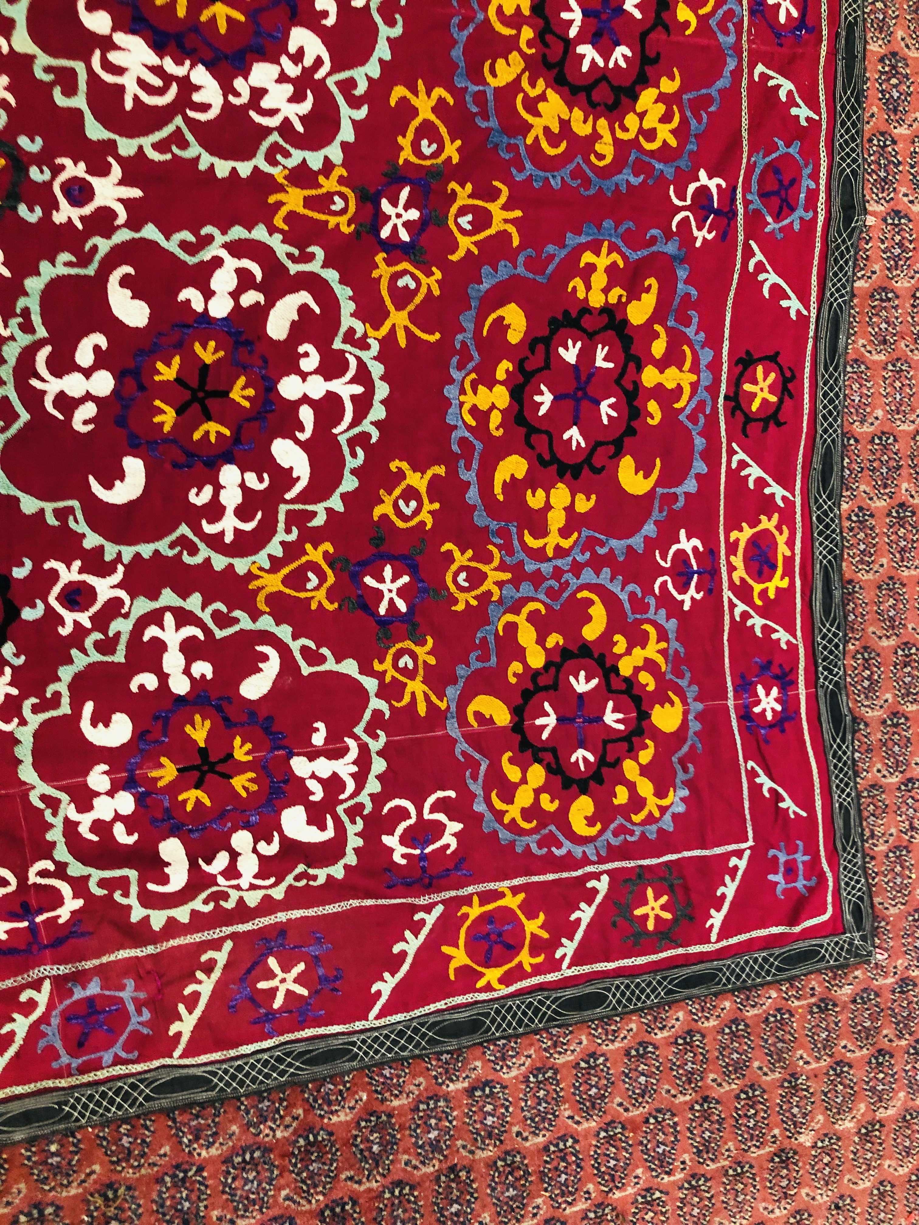 A SUZANI EMBROIDERED ON A PLUM FIELD, 180CM X 171CM. - Image 4 of 8