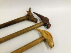 THREE HANDCARVED WALKING STICKS HAVING PHEASANTS AND SONGBIRD TO THE HANDLES.