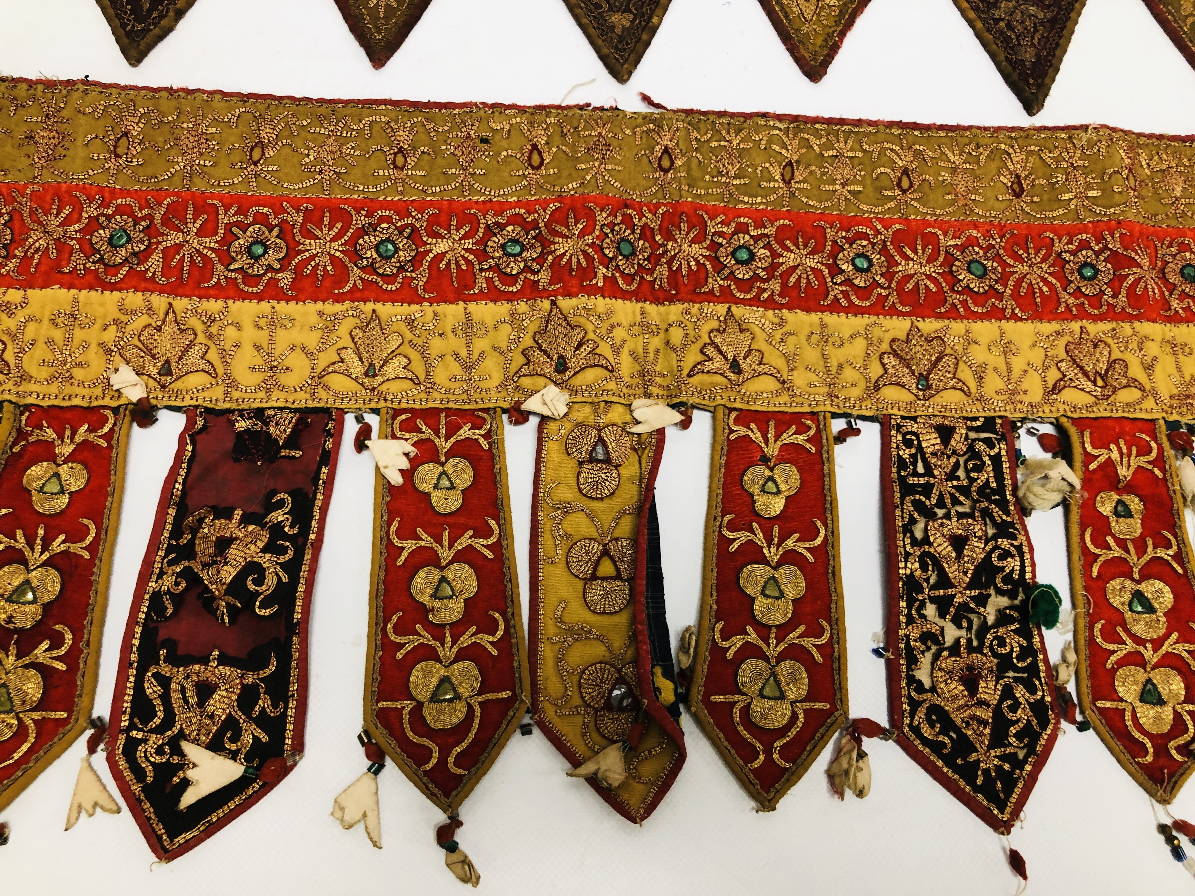 TWO AFGHAN EMBROIDERED DOOR HANGINGS WORKED WITH GOLD THREAD, 122CM AND 84CM. - Image 3 of 14