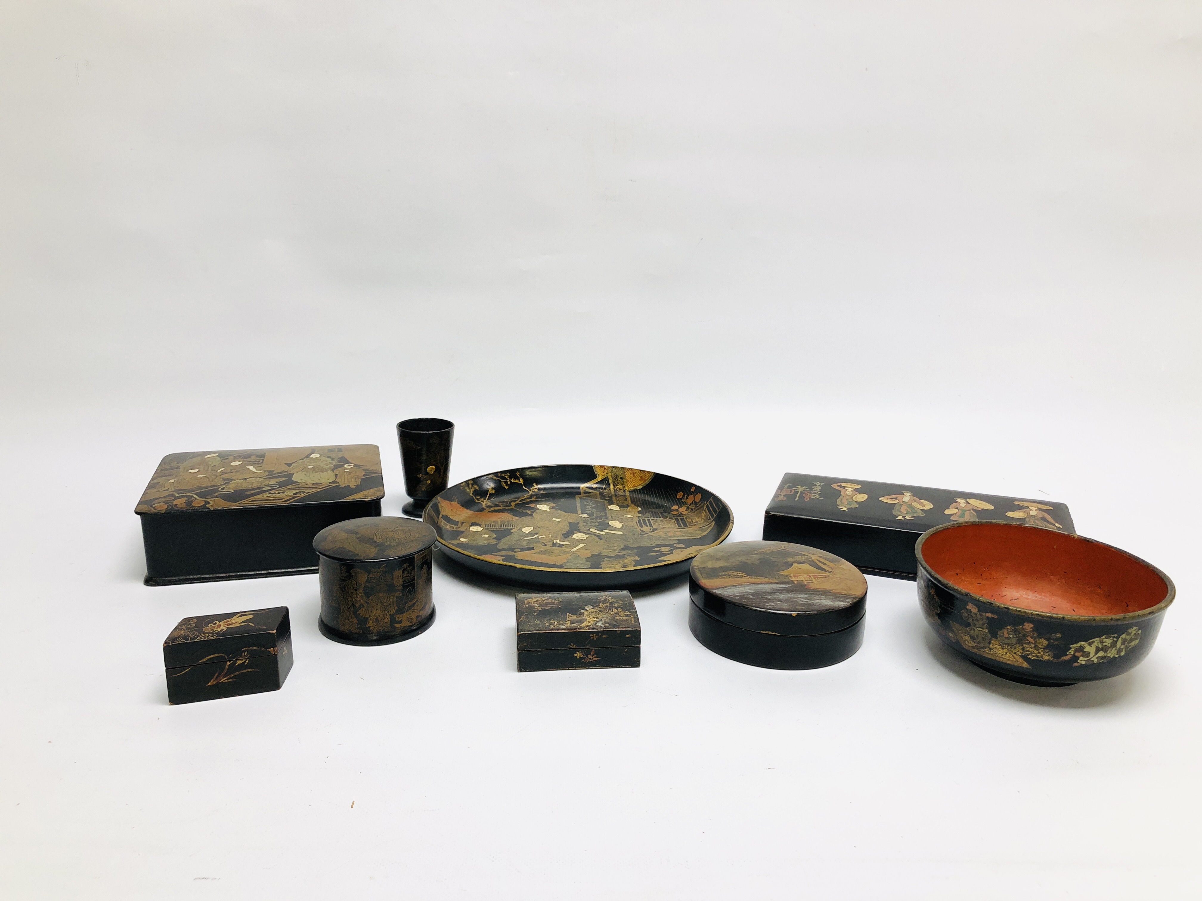 A COLLECTION OF VINTAGE ORIENTAL LACQUERED BOXES, TRINKET BOXES,