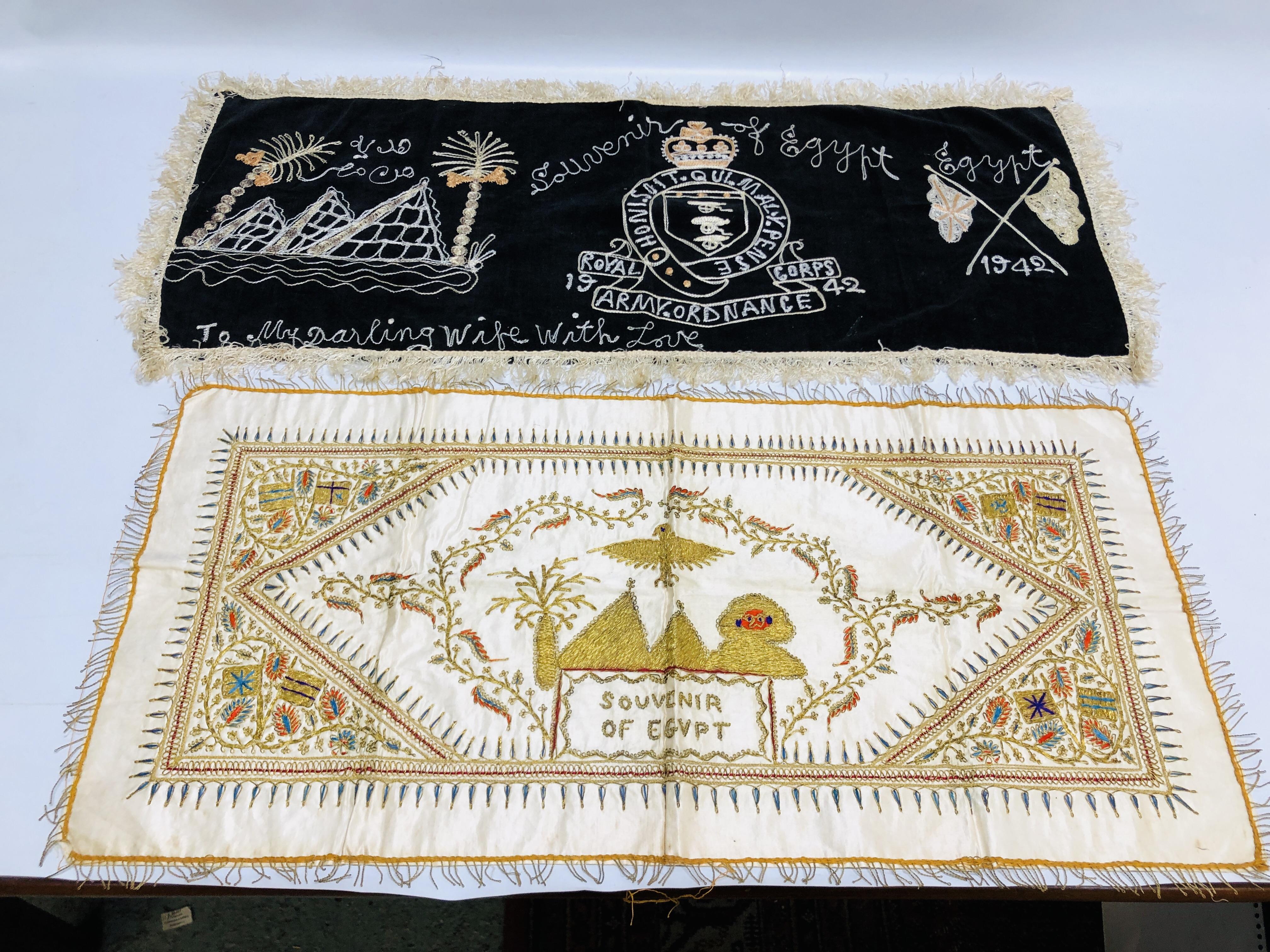 TWO SOUVENIR NEEDLEWORK PANELS, RELATING TO EGYPT, ONE INSCRIBED "ROYAL ORDNANCE...1942".