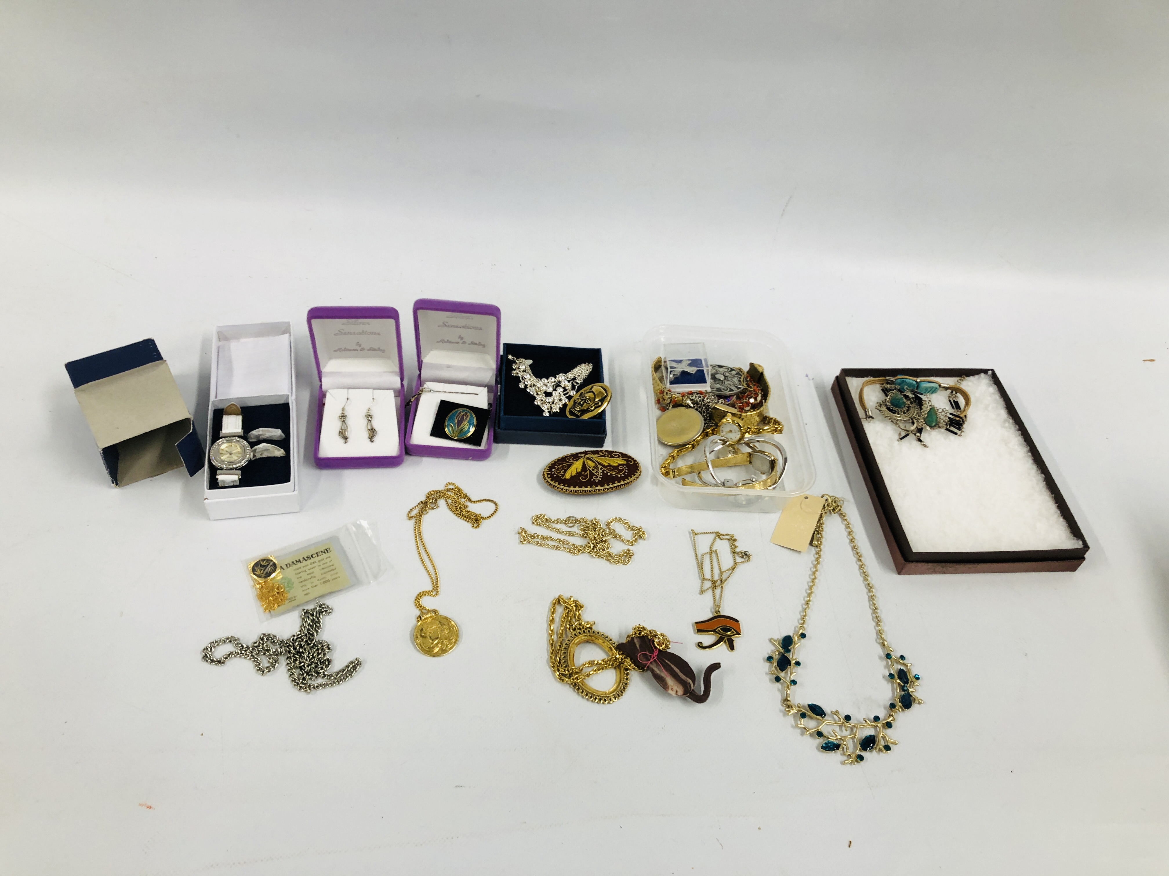 A BOX OF ASSORTED MISCELLANEOUS COSTUME JEWELLERY AND WATCHES TO INCLUDE A PAIR OF SILVER CAT