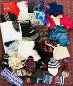 TWO BOXES OF ASSORTED HAND CRAFTED MODERN AND VINTAGE CLOTHING TO INCLUDE MANY WOOL HATS AND GLOVES,