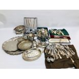 A BOX OF SILVER PLATED WARES TO INCLUDE CANDELABRA, TRAYS, CUTLERY TO INCLUDE KINGS PATTERN ETC.