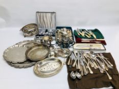 A BOX OF SILVER PLATED WARES TO INCLUDE CANDELABRA, TRAYS, CUTLERY TO INCLUDE KINGS PATTERN ETC.