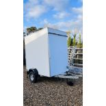 A SINGLE AXLE PAGE TRAILERS BOX TRAILER WITH REAR DOOR, TWO LEGS, 6FT X 4FT WITH ELECTRIC HOOK UP.