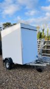 A SINGLE AXLE PAGE TRAILERS BOX TRAILER WITH REAR DOOR, TWO LEGS, 6FT X 4FT WITH ELECTRIC HOOK UP.