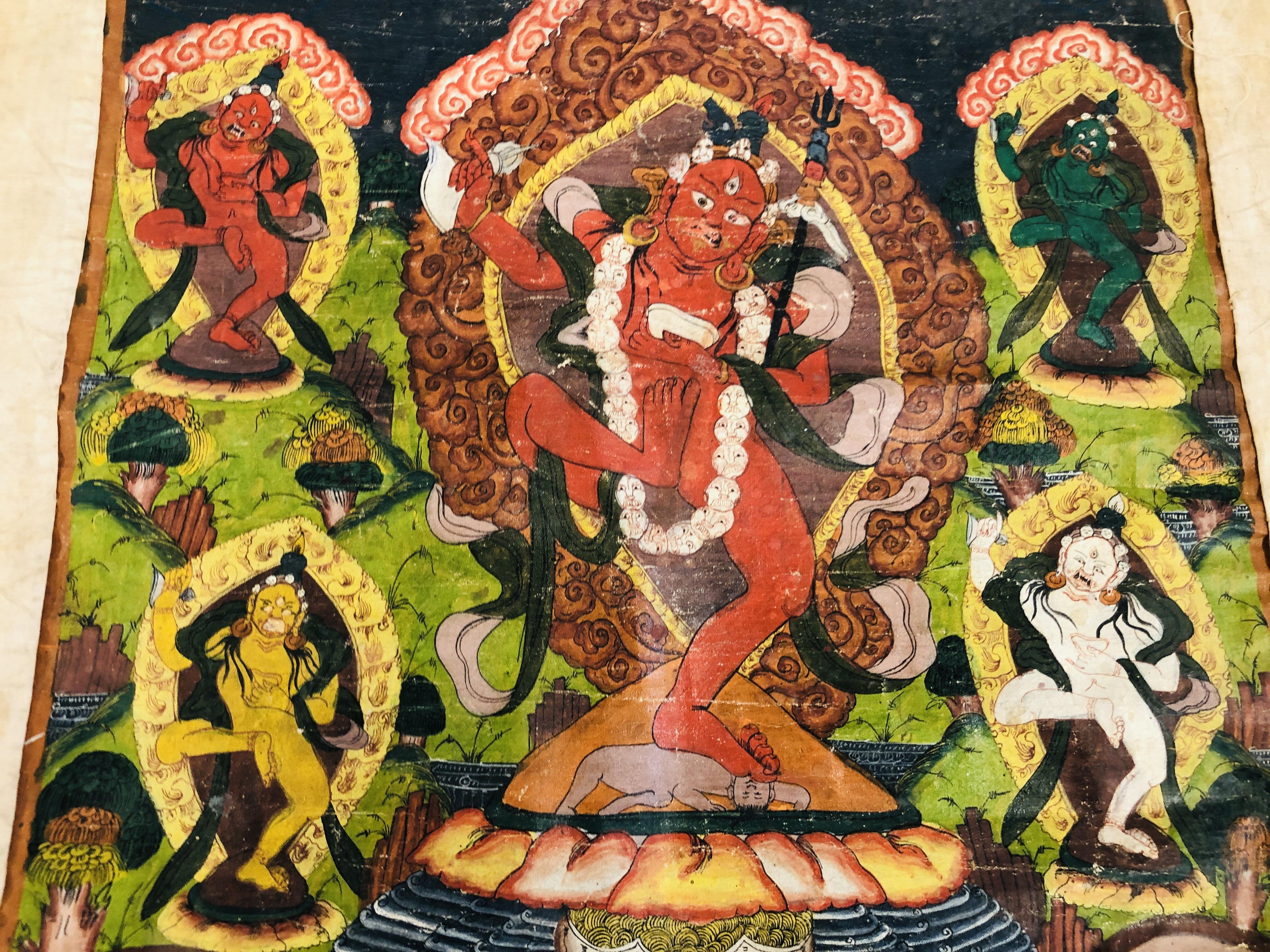 A TIBETAN THANGKA, DEPICTING CENTRAL DEITY SURROUNDED BY FURTHER FIGURES, PROBABLY YAMARAJA, - Image 15 of 17