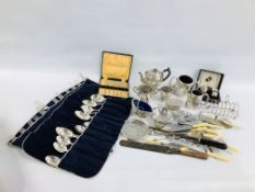 A BOX OF MIXED PLATED WARE TO INCLUDE SILVER PLATED 3 PIECE TEA SET, TOAST RACK, CUTLERY ETC.