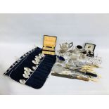 A BOX OF MIXED PLATED WARE TO INCLUDE SILVER PLATED 3 PIECE TEA SET, TOAST RACK, CUTLERY ETC.